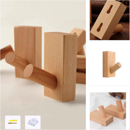 TETOU 4 Pack Adhesive Wall Hooks Hat Rack, Wooden Coat Hooks Wall Mounted, Decorative Hooks Single Organizer Hat Hanger Towel Rack(Rectangle-Beech)