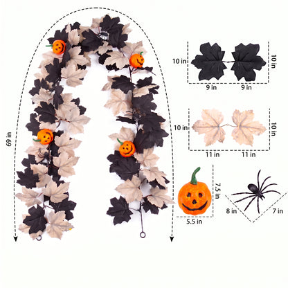 TETOU 2Pcs Fall Halloween Garland, 69" Halloween Pumpkin Maple Leaves Garland for Outdoor Indoor Fall Autumn Halloween Mantle Staircase Porch Party Decoration