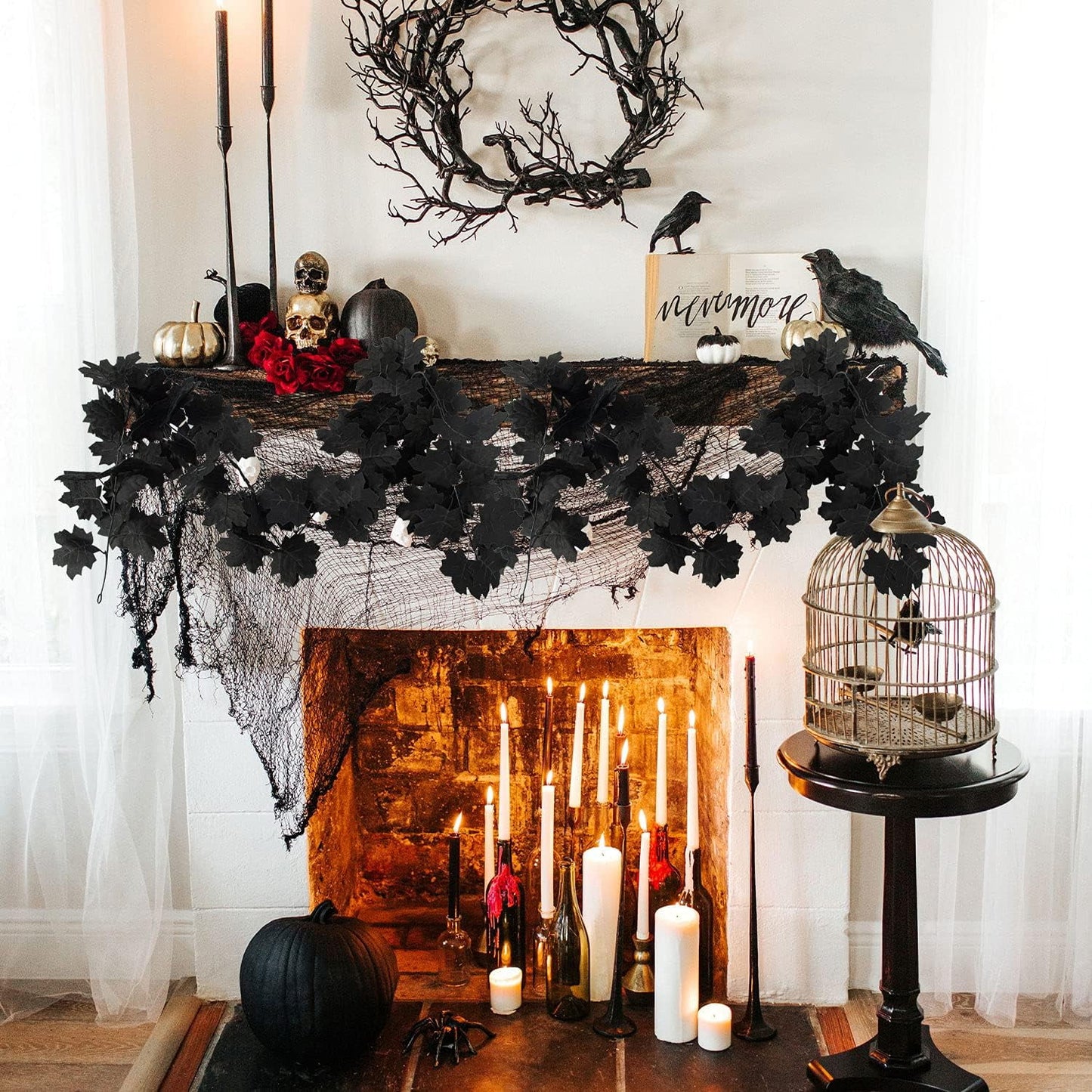 TETOU 2PCS Black Maple Leaf Garland,5.7Ft Halloween Artificial Hanging Fall Leave Vines for Fall Halloween Party Home Mantle Wall Indoor Outdoor Decoration