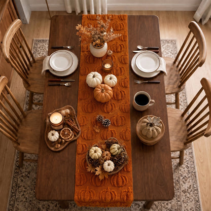 TETOU Fall Table Runner,13x72 Inch Pumpkin Jacquard Soft Plush Faux Fur Table Runner for Fall Farmhouse Home Halloween Thanksgiving Party Decoration(Rust Red)