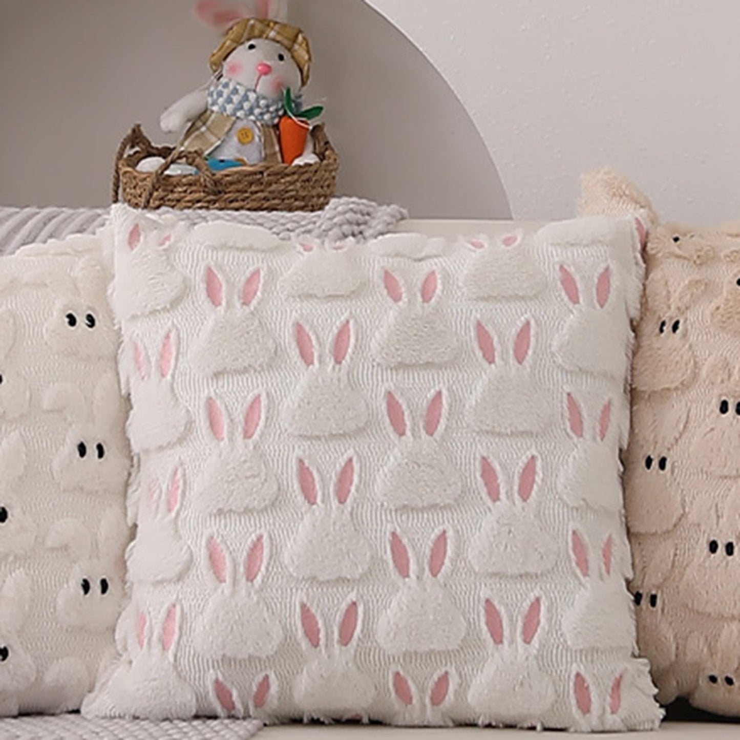 TETOU Easter Pillow Covers,18"x18"Set of 2 Pink Ears White Rabbit Soft Plush Faux Fur Jacquard Throw Pillows for Easter Bedroom Sofa Holiday Festivals Home Decoration