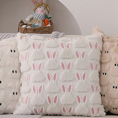 TETOU Easter Pillow Covers,18"x18"Set of 2 Pink Ears White Rabbit Soft Plush Faux Fur Jacquard Throw Pillows for Easter Bedroom Sofa Holiday Festivals Home Decoration