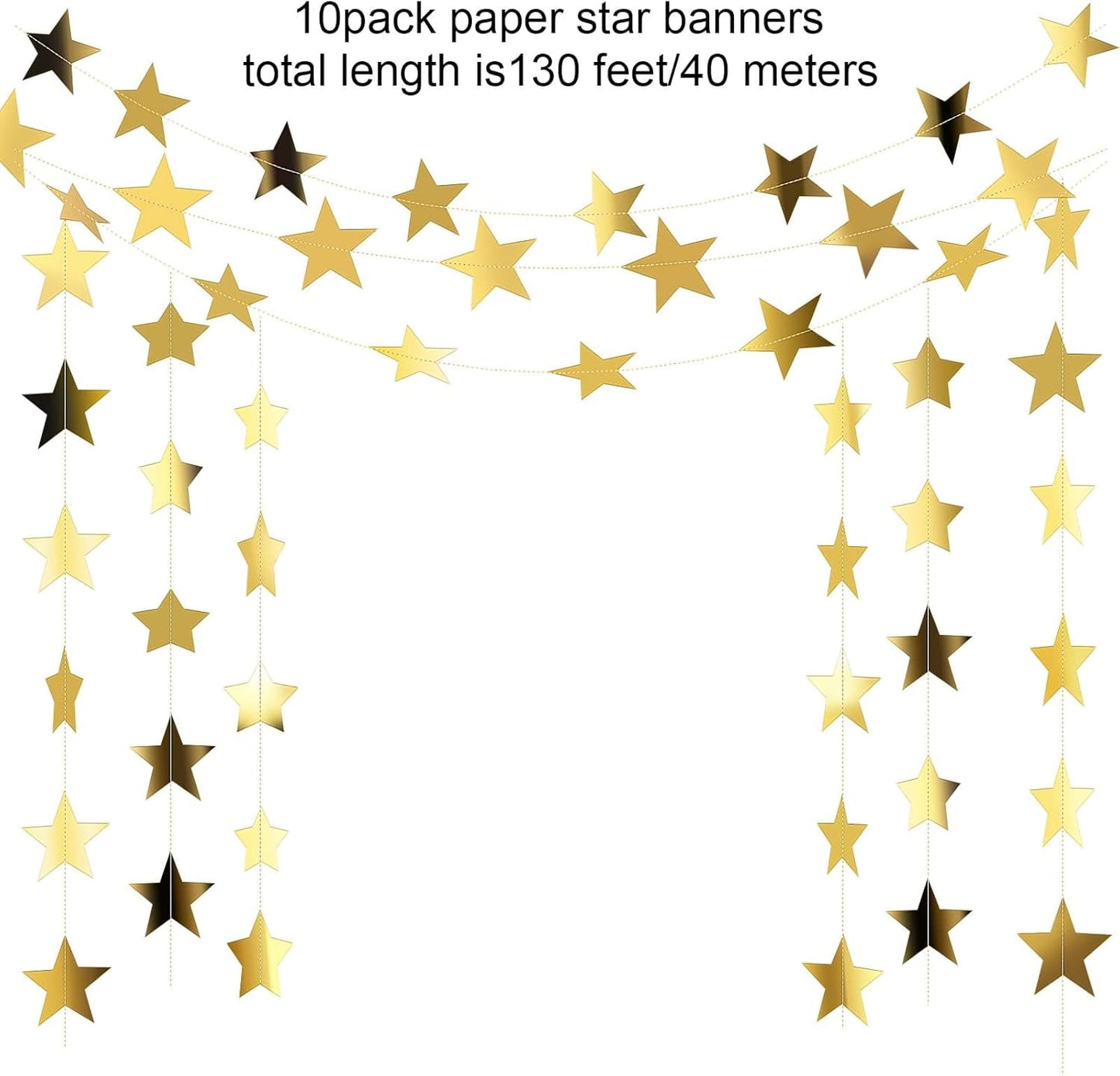 TETOU 130 Feet Glitter Star Garland Banner Decor, Gold Streamers Hanging Star Bunting Banner Backdrop for 2025 New Year Graduation Wedding Birthday Christmas Party Decoration