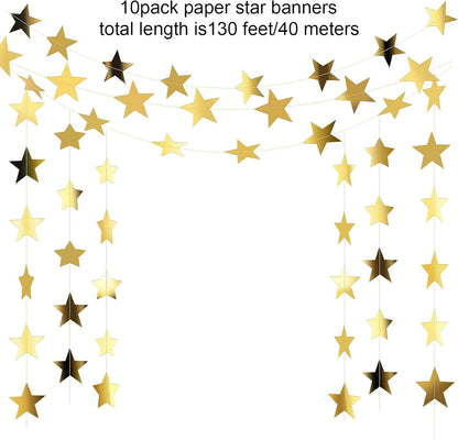 TETOU 130 Feet Glitter Star Garland Banner Decor, Gold Streamers Hanging Star Bunting Banner Backdrop for 2025 New Year Graduation Wedding Birthday Christmas Party Decoration