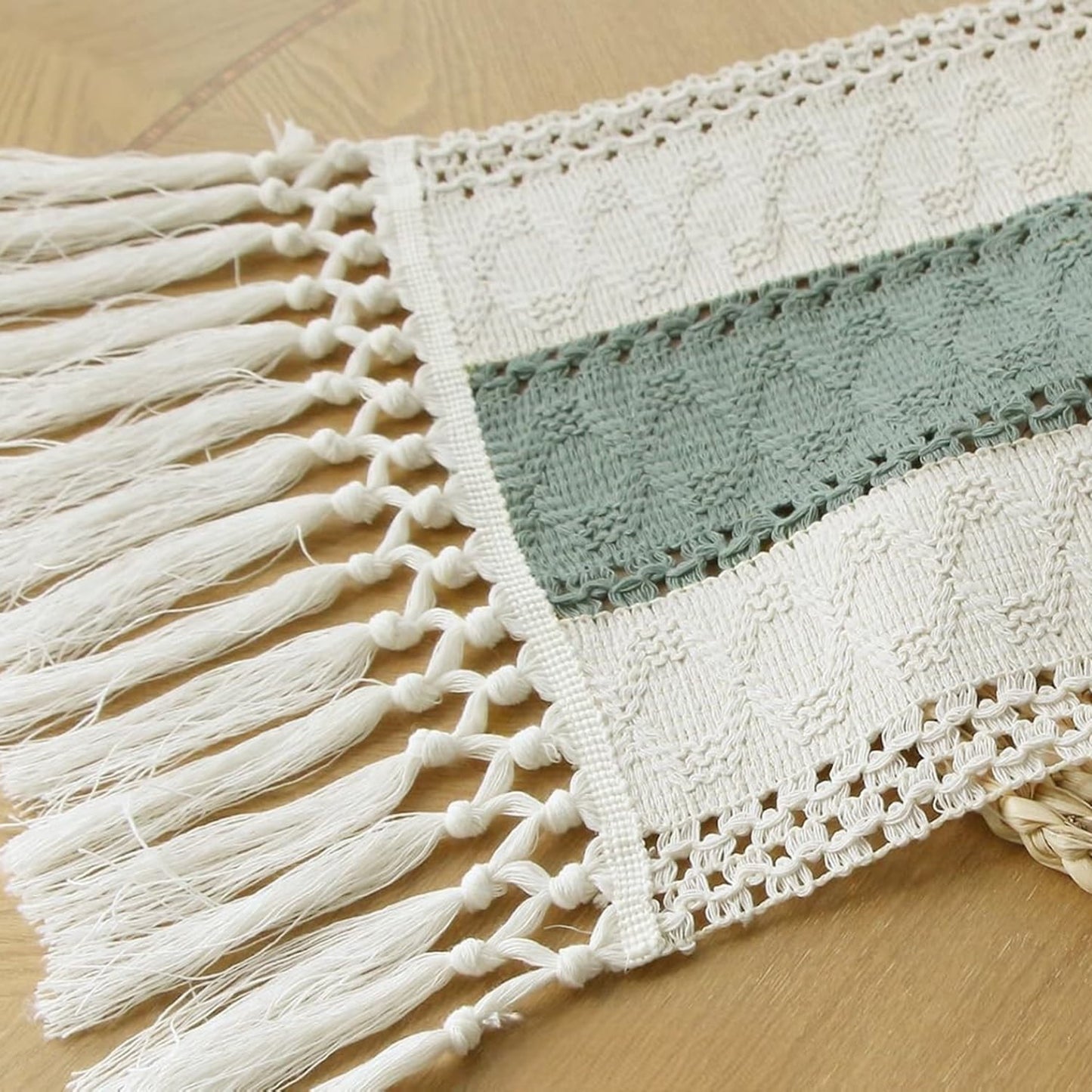 TETOU Sage Green Table Runner with Tassels 72 Inches Long Boho Macrame Farmhouse Table Runners for Home Decor Party Bohemian Rustic Bridal Shower Dining Decorations(12x72 Inches)