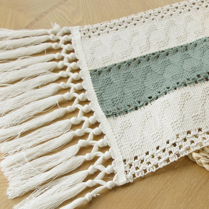 TETOU Sage Green Table Runner with Tassels 72 Inches Long Boho Macrame Farmhouse Table Runners for Home Decor Party Bohemian Rustic Bridal Shower Dining Decorations(12x72 Inches)