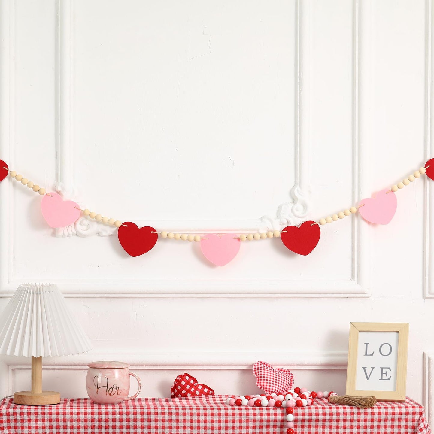 TETOU Valentines Day Decorations Red Pink Felt Heart Wood Beads Valentines Garland 4.5ft Felt Banner Fireplace Mantel Home Decor