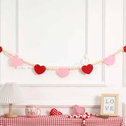 TETOU Valentines Day Decorations Red Pink Felt Heart Wood Beads Valentines Garland 4.5ft Felt Banner Fireplace Mantel Home Decor