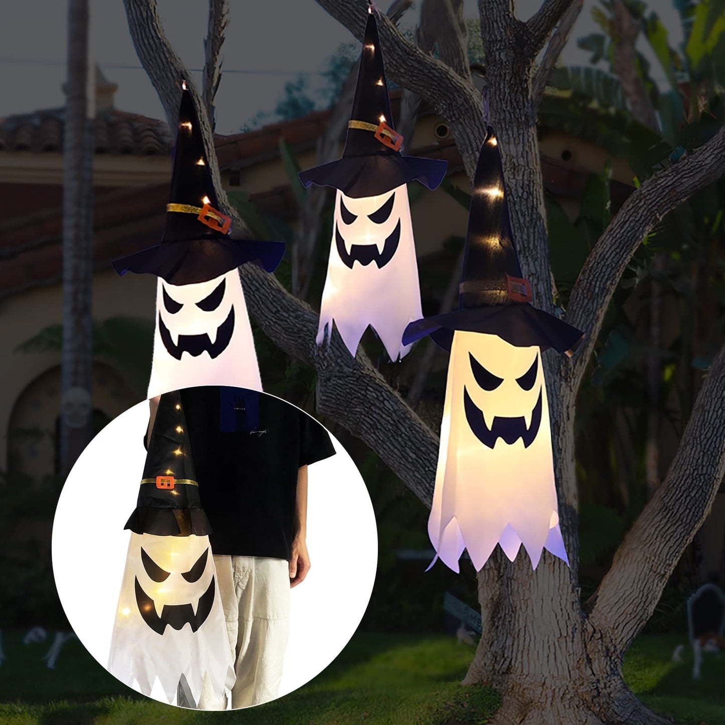 TETOU 3Pcs 31.5" Upgrade Hallowe'en Decoration Hanging Gypsophila Ghost, Light up LED Witch Hat for Outdoor Tree Garden Home Decor - Warm Light