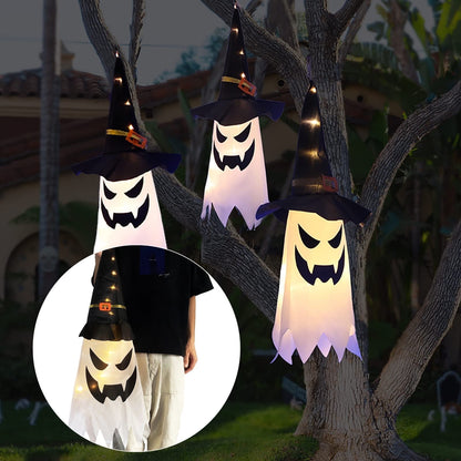 TETOU 3Pcs 31.5" Upgrade Hallowe'en Decoration Hanging Gypsophila Ghost, Light up LED Witch Hat for Outdoor Tree Garden Home Decor - Warm Light