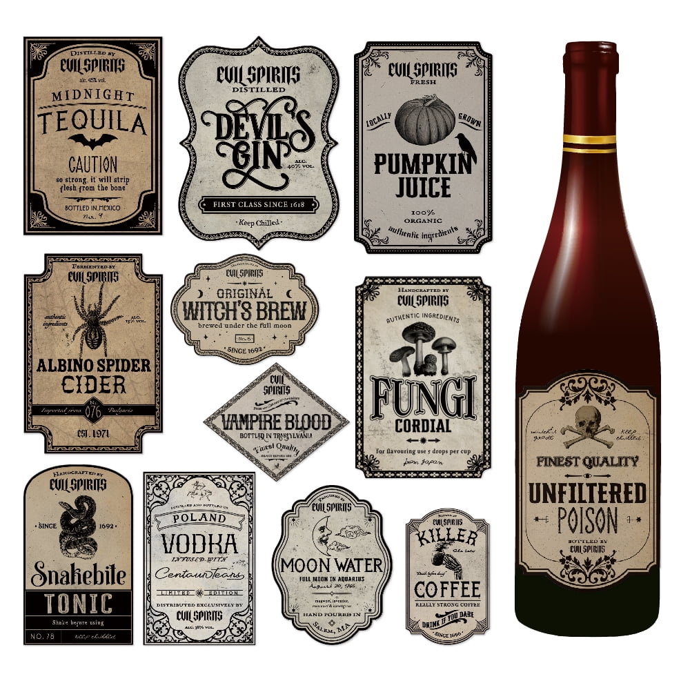 TETOU 12Pcs Halloween Wine Bottle Labels Stickers, Vintage Scary Potion Bottles Labels, Classic Creepy Waterproof Wine Labels for Halloween Party Favor