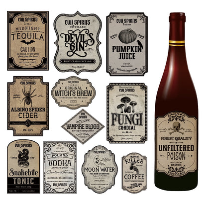 TETOU 12Pcs Halloween Wine Bottle Labels Stickers, Vintage Scary Potion Bottles Labels, Classic Creepy Waterproof Wine Labels for Halloween Party Favor