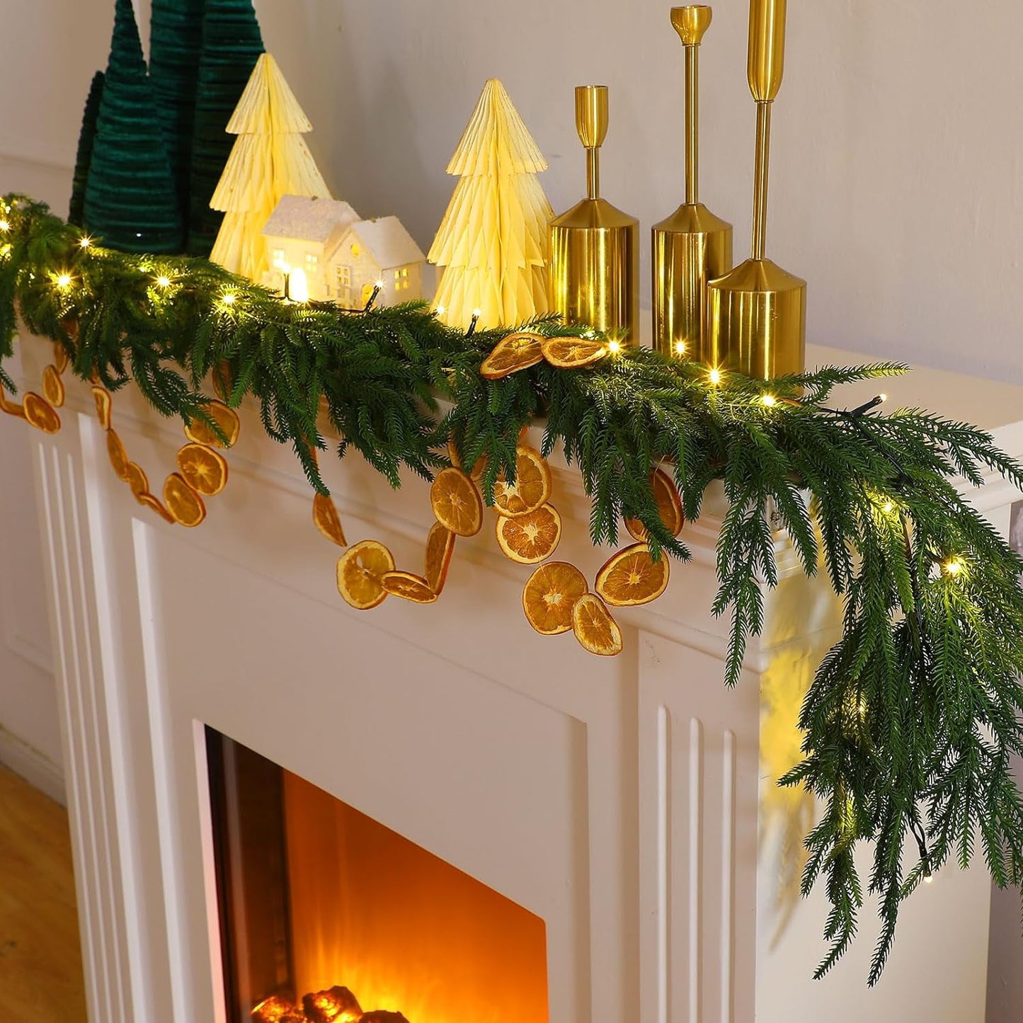 TETOU 5.6ft Norfolk Pine Garland Christmas Garlands with Warm White LED Lights Faux Greenery Pine Garland for Holiday Decor