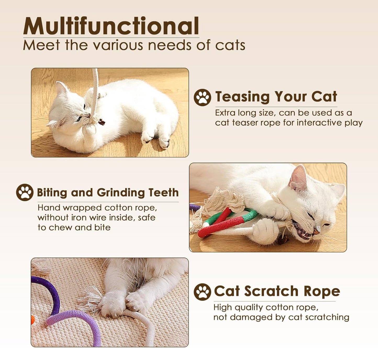 TETOU 3pcs Cotton Rope Cat Toys, Handmade Pet Chew Interactive Teething Catnip Rope Toys for Indoor Cats Teeth Cleaning