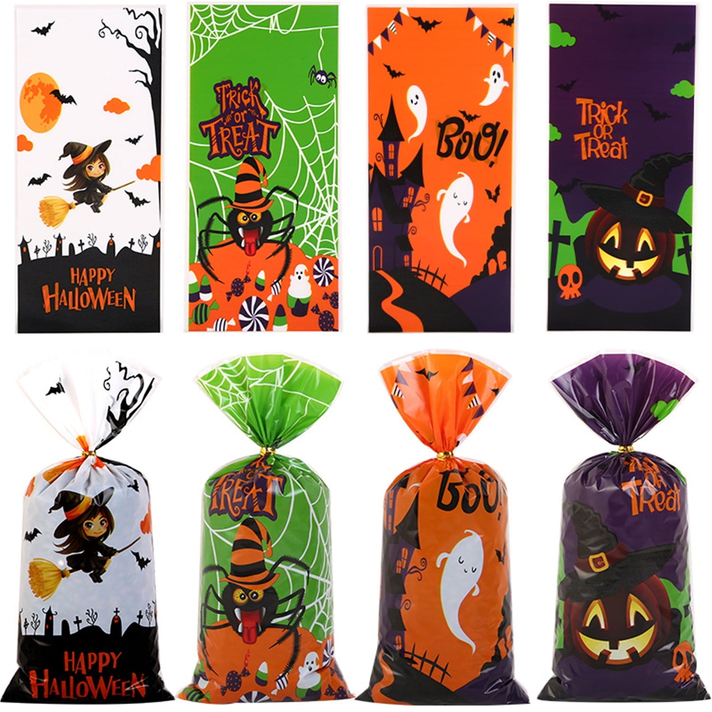 TETOU 50Pcs Hallowe'en Cellophane Treat Bags, 4.92*10.93" Multi Color Candy Bags Bats Pumpkin and Witch Halloween Goody Bags with Twist Ties for Snacks Cookies Packing Halloween Party Favor