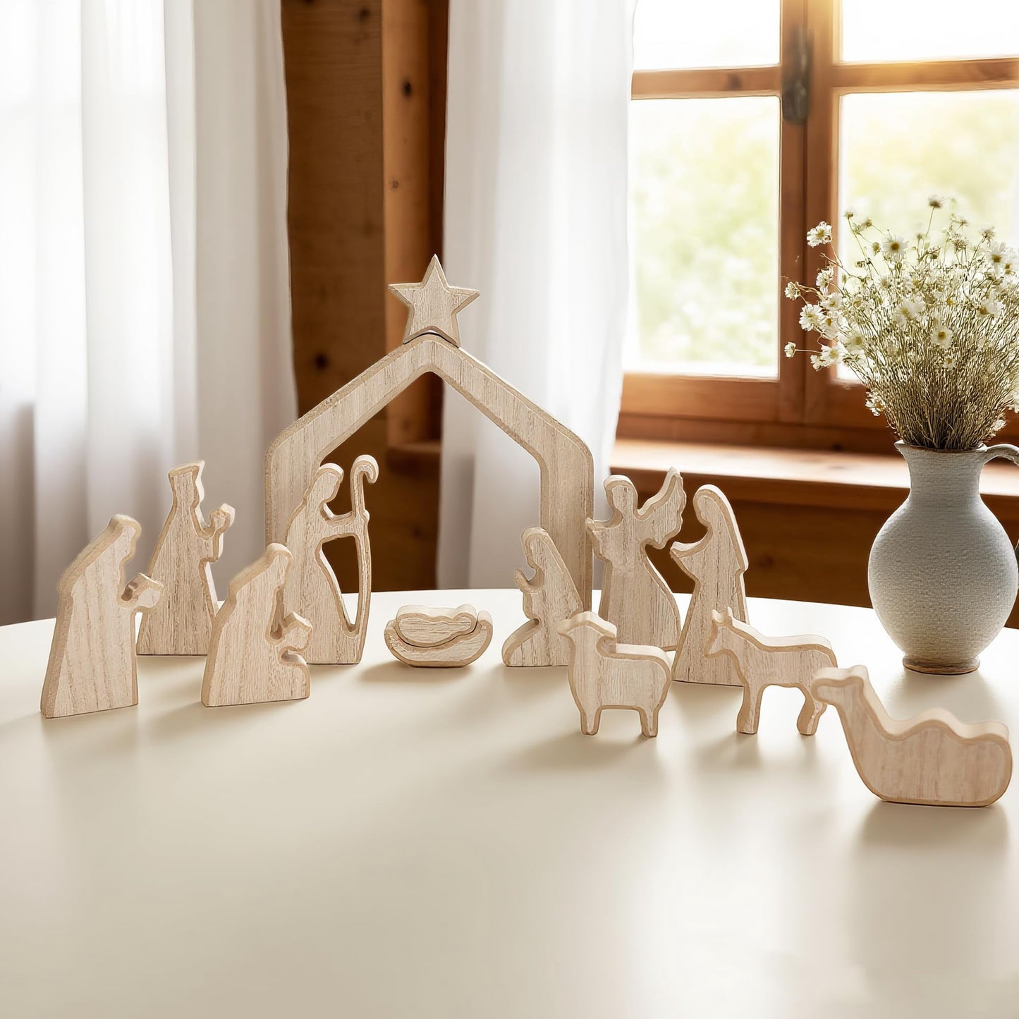 TETOU 13Pcs Christmas Nativity Scene Set Decor,  Miniature Wooden Catholic Holy Family Figurines Nativity Scene for Christian Gifts Christmas Indoor Home Office Boho Tabletop Decoration