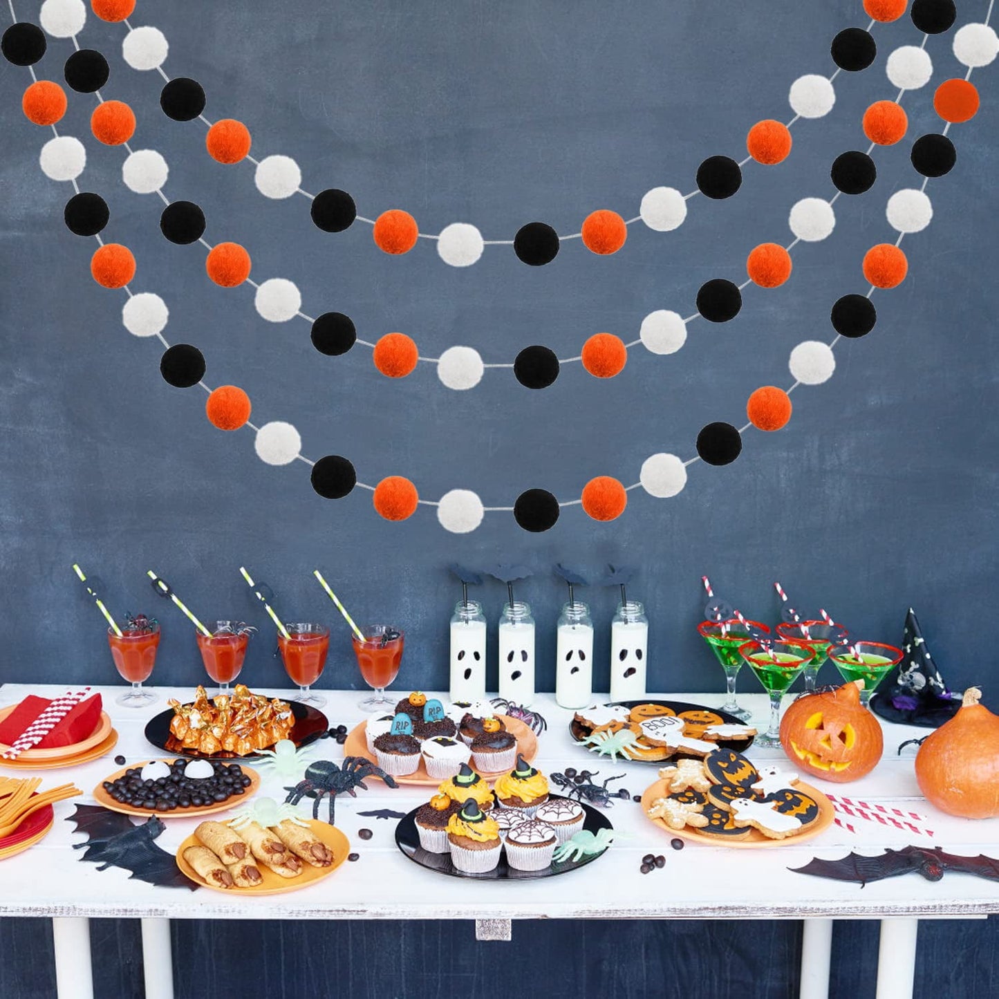 TETOU 3 Pack Pom Pom Orange Black White Halloween Garland,Ornament String Banner Felt Ball Garland Halloween Thanksgiving Party Decor
