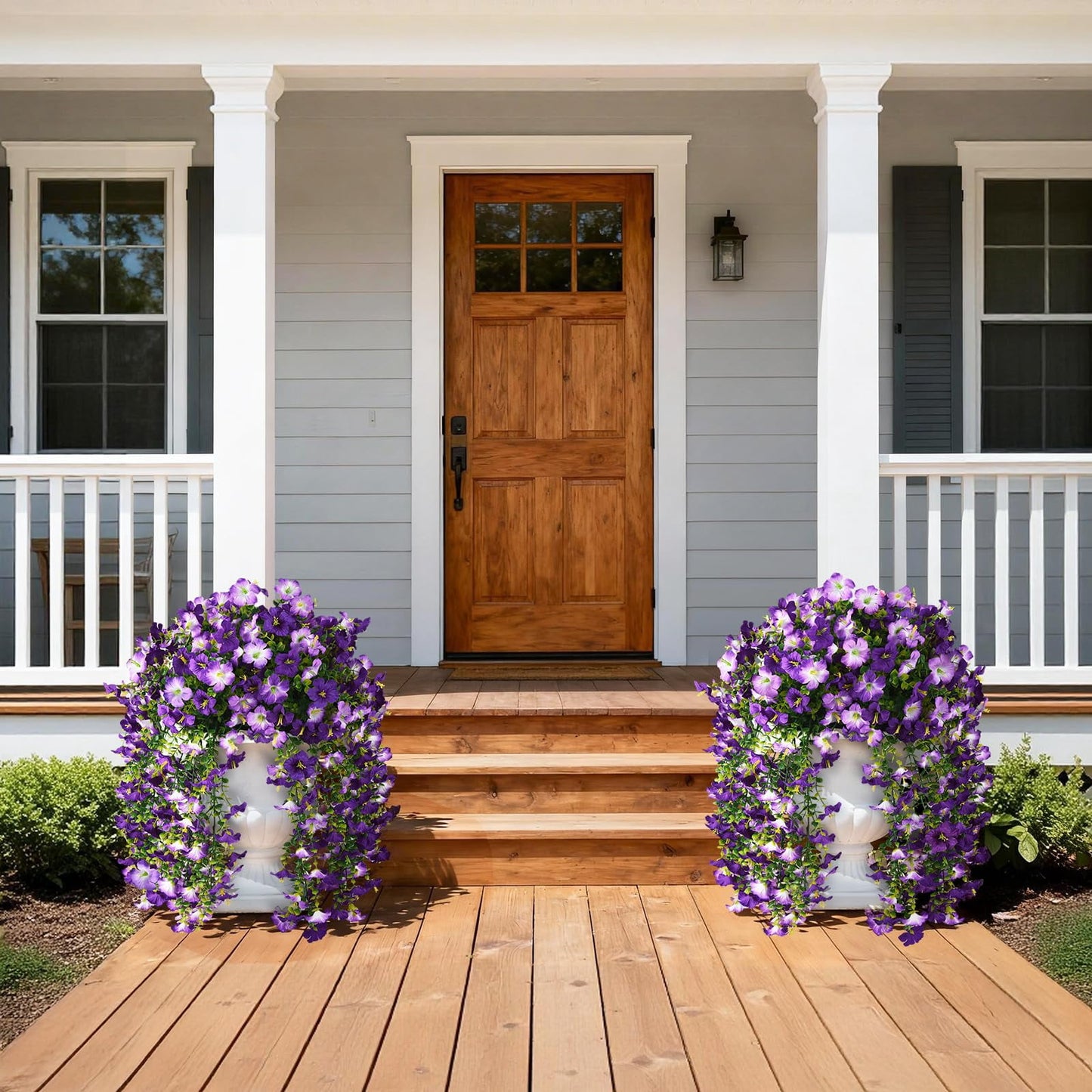 TETOU 2pcs Outdoor Artificial Fake Hanging Flowers, UV Resistant Morning Glory with Eucalyptus Leaves Faux Flowers for Spring Summer Outside Balcony Porch Patio Yard Garden Decoration(Double Purple)