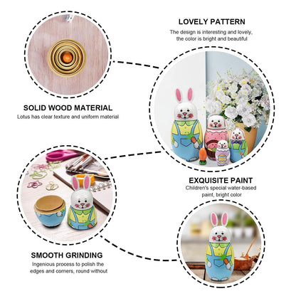 TETOU Easter Bunny Russian Nesting Dolls Toys 5pcs Animal Rabbit Wooden Matryoshka Doll Birthday Gift Decor