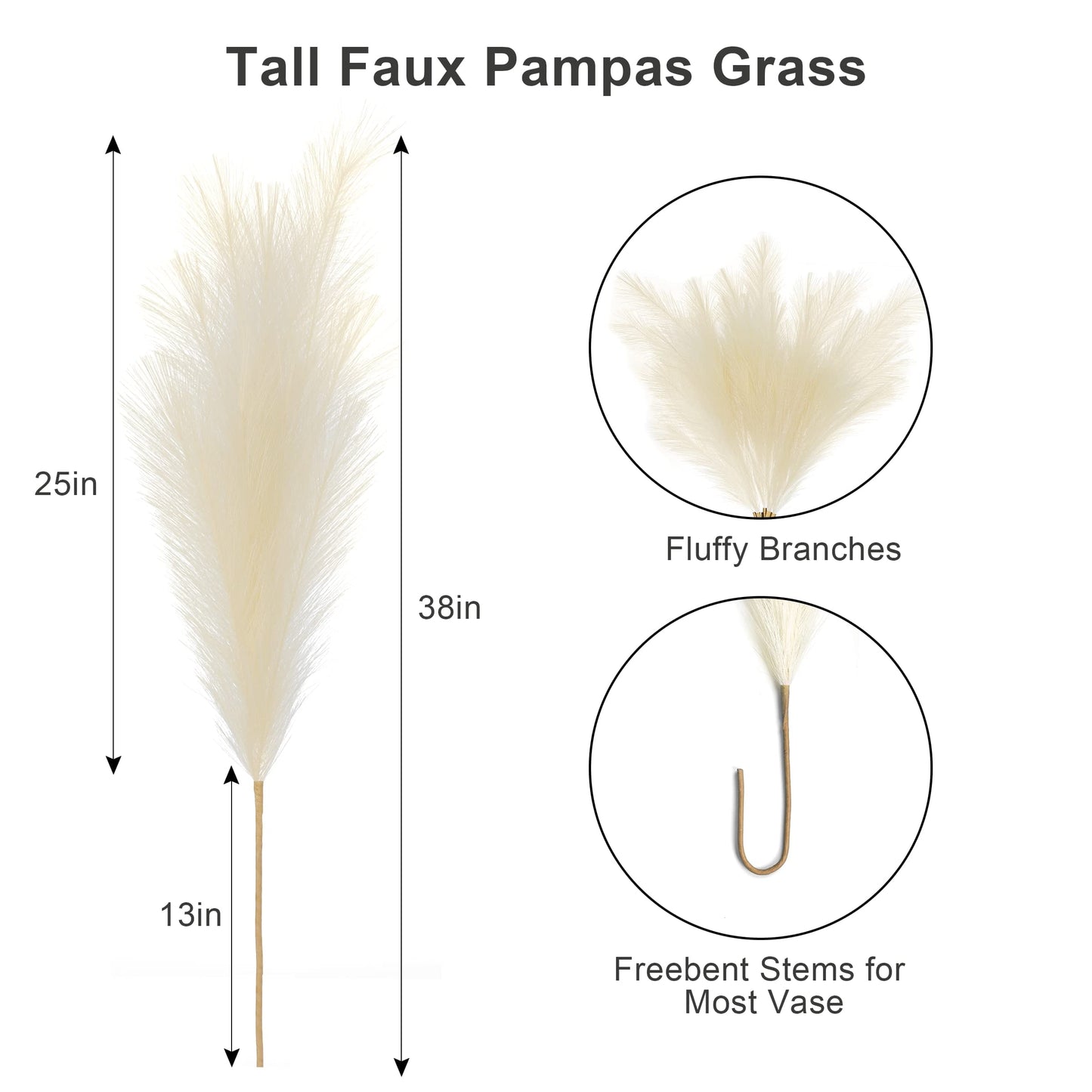TETOU 8pcs Faux Pampas Grass 38"/3.1FT Tall Fake Pampas Floral Large Artificial Natural Pompous Grass Plants for Floor Vase Filler Home Boho Decor - Beige