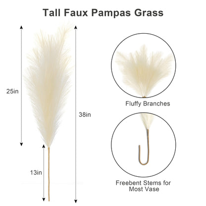 TETOU 8pcs Faux Pampas Grass 38"/3.1FT Tall Fake Pampas Floral Large Artificial Natural Pompous Grass Plants for Floor Vase Filler Home Boho Decor - Beige