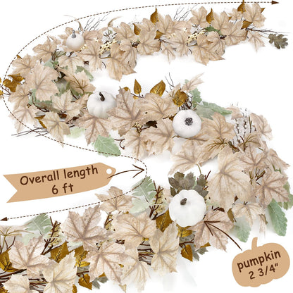 TETOU 6ft Autumn Maples Leaf Pumpkin Garland for Home Farmhouse Fireplace Fall Thanksgiving Decoration