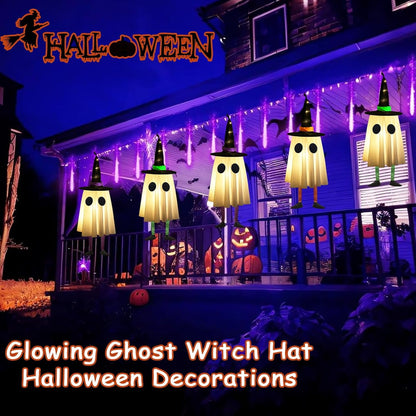 TETOU Set of 3 Halloween Hanging Ghosts,Halloween Decorations Outdoor Hanging Ghosts with Witch Hat,Glowing Ghost Witch Hat Lights Halloween Ghost Decor for Yard Patio Garden Tree Outside