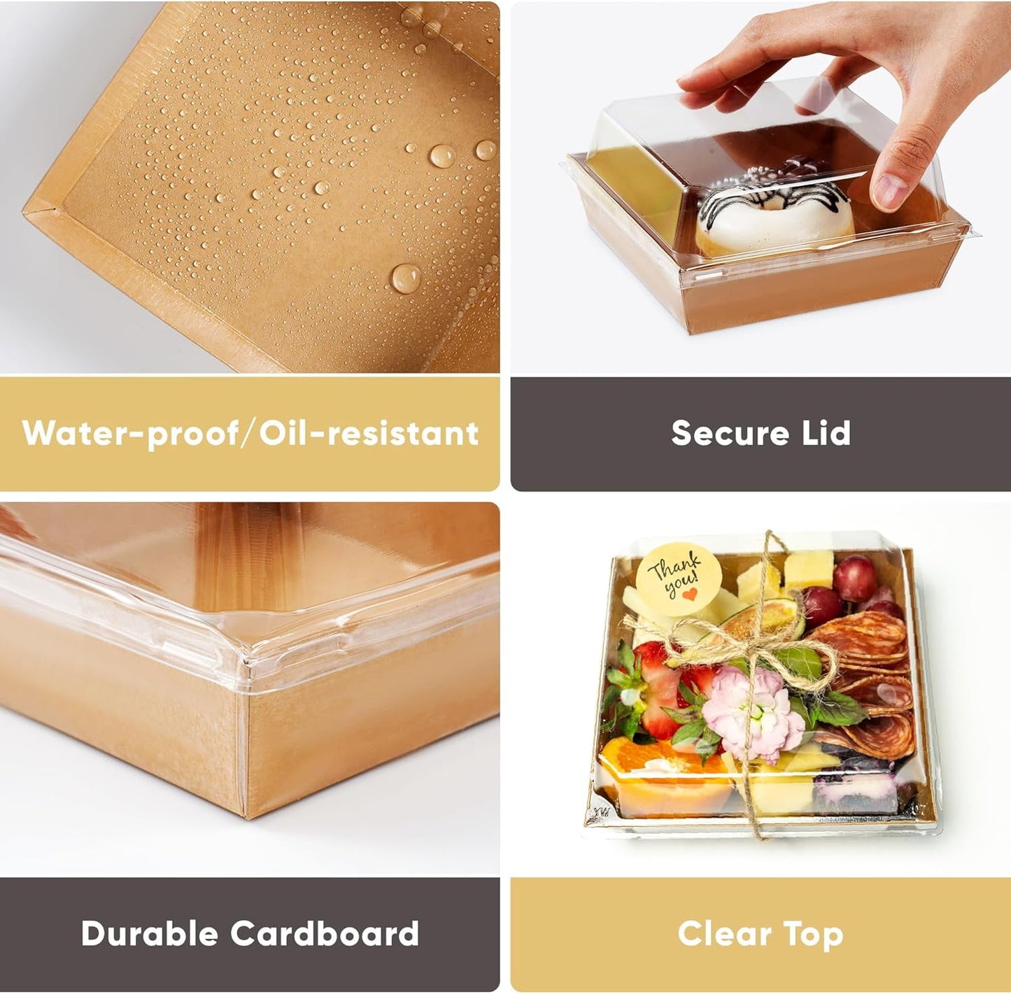 TETOU 50 Pack Small Charcuterie Boxes with Clear Lids,5Inch To Go Paper Mini Charcuterie Cups,Disposable Food Containers Dessert Boxes for Sandwich Cookie Sushi Cake Slice Strawberries (Brown)
