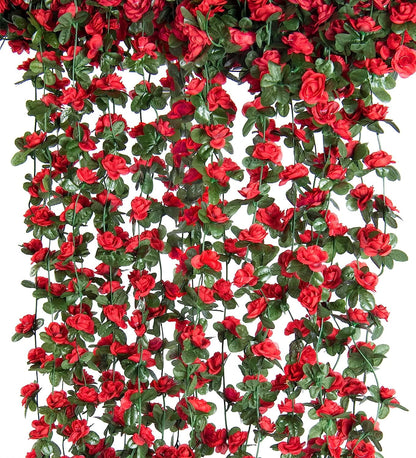 TETOU 6pcs Flower Garlands Artificial Rose Vine Flowers with Leaves 66ft Hanging Roses Vine for Room Wedding Birthday Christmas Wall Decor(Red)