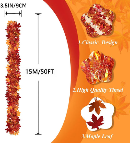 TETOU Fall Maple Leaves Garland Decor,50Ft Orange Glitter Tinsel Fall Garland for Autumn Tree Home Fireplace Halloween Thanksgiving Party Indoor Outdoor Decoration