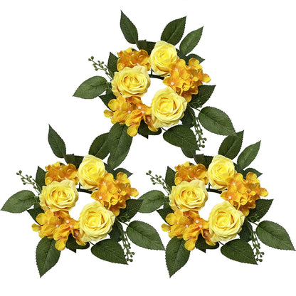 3 Pack Artificial Rose Candle Ring Flower Wreaths for Candlestick Wedding Table Decoration