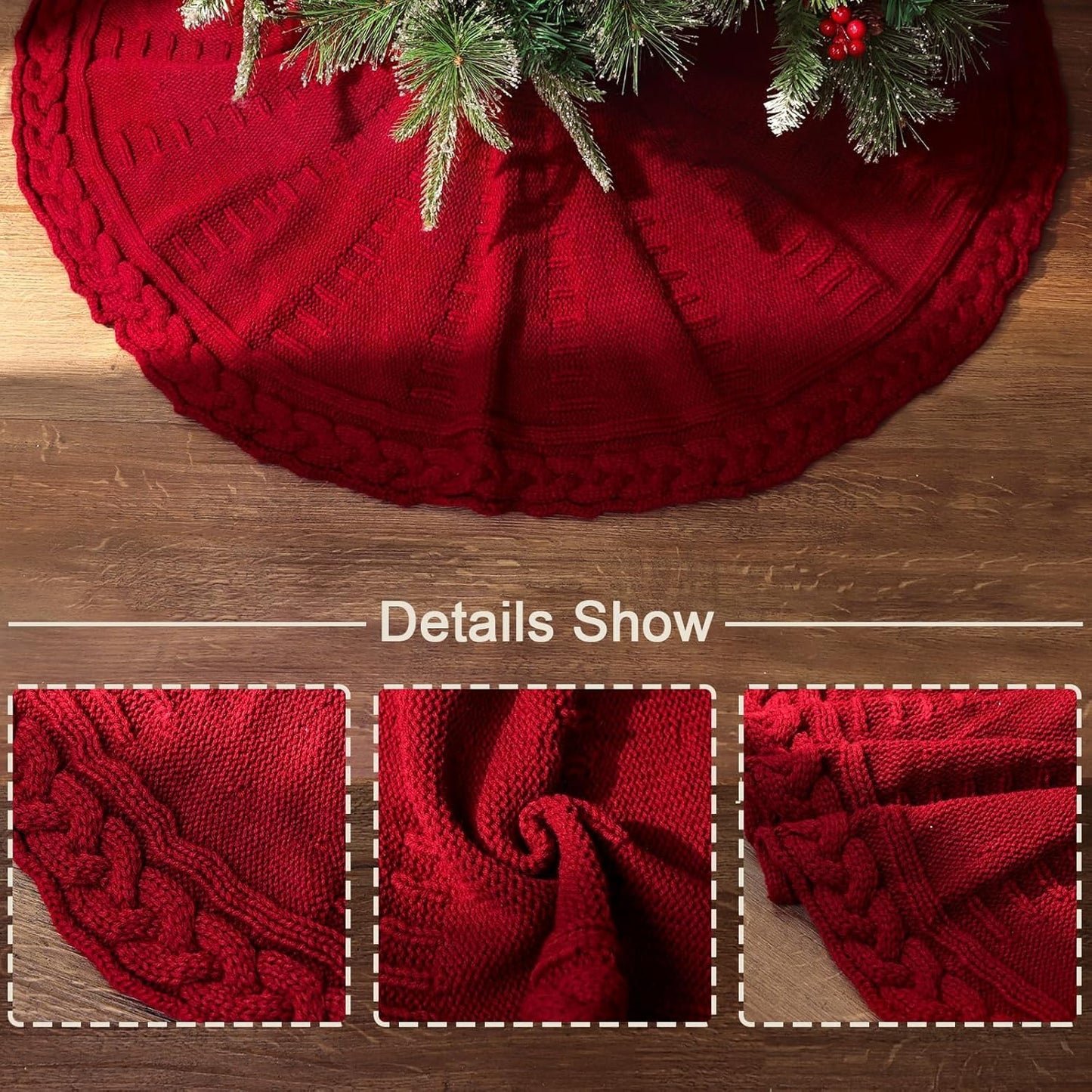 TETOU 48In Knitted Christmas Tree Skirt, Wine Red Tree Skirt, Braided Cable Knit Thick Rustic Christmas Tree Decorations, Farmhouse Christmas Decor Xmas Holiday Home Party Decorations