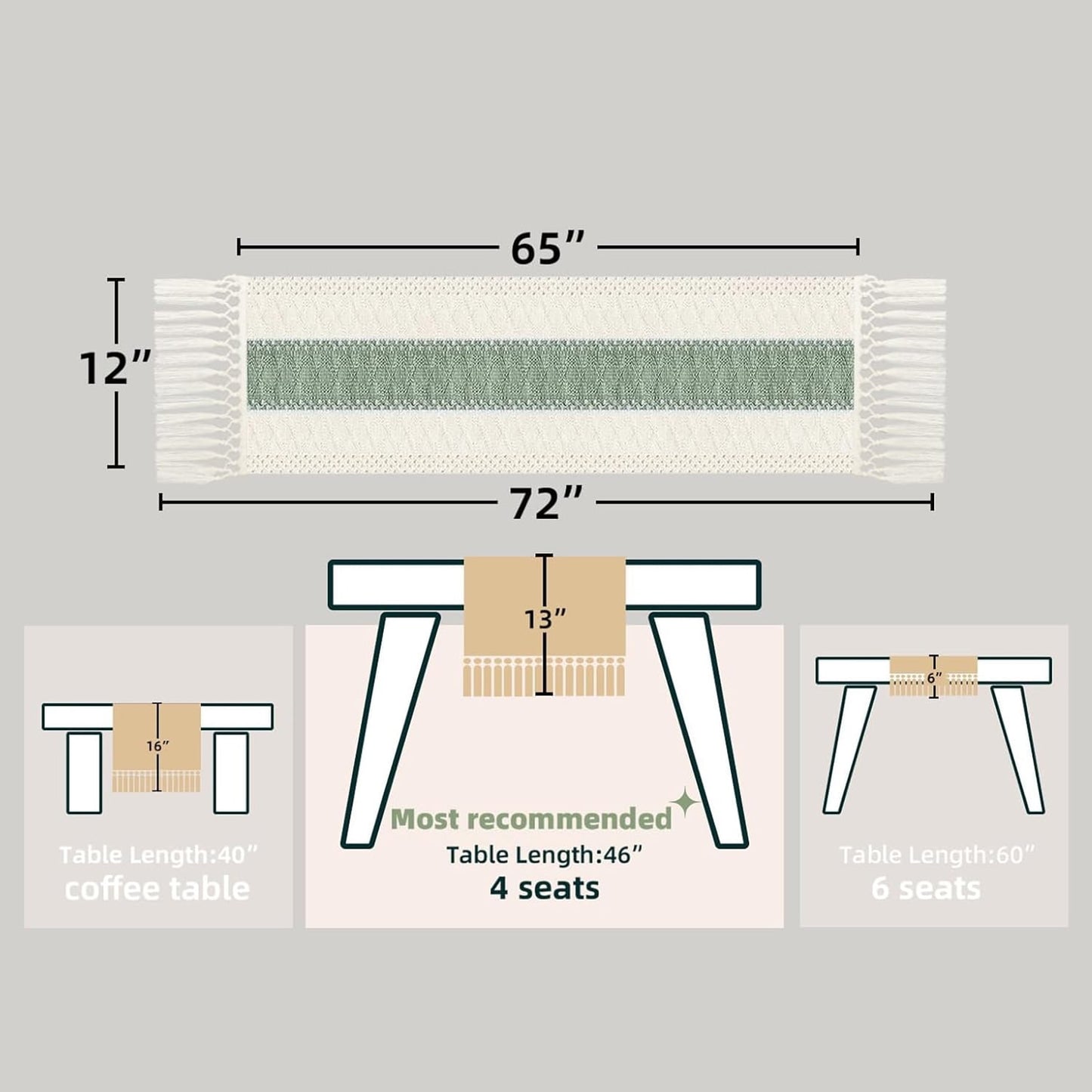 TETOU Sage Green Table Runner with Tassels 72 Inches Long Boho Macrame Farmhouse Table Runners for Home Decor Party Bohemian Rustic Bridal Shower Dining Decorations(12x72 Inches)