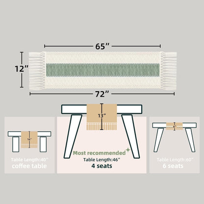 TETOU Sage Green Table Runner with Tassels 72 Inches Long Boho Macrame Farmhouse Table Runners for Home Decor Party Bohemian Rustic Bridal Shower Dining Decorations(12x72 Inches)