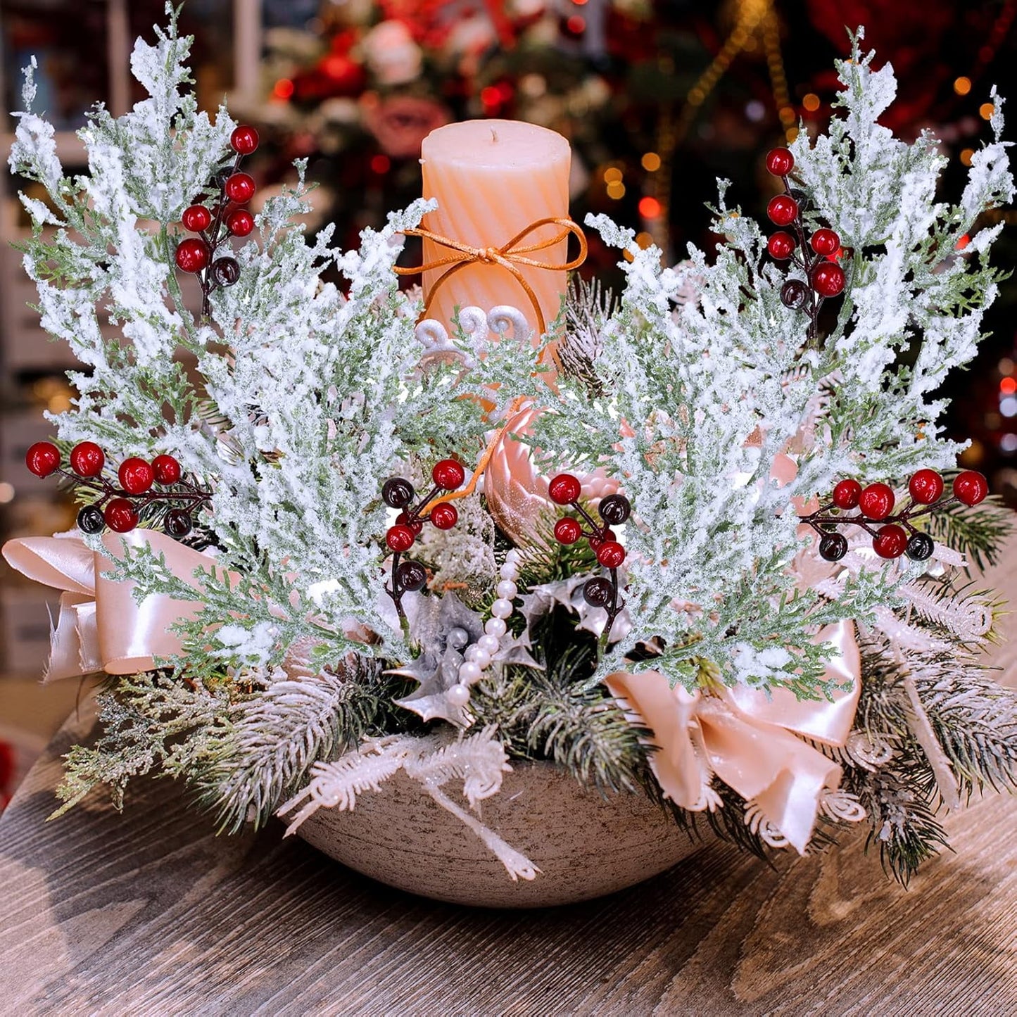 TETOU 6Pcs Christmas Cedar Picks with Red Berries, Artificial Snow Frosted Pine Branches, Christmas Greenery Stems for Christmas Tree Wreath Floral Arrangement Vase Winter Holiday Decor