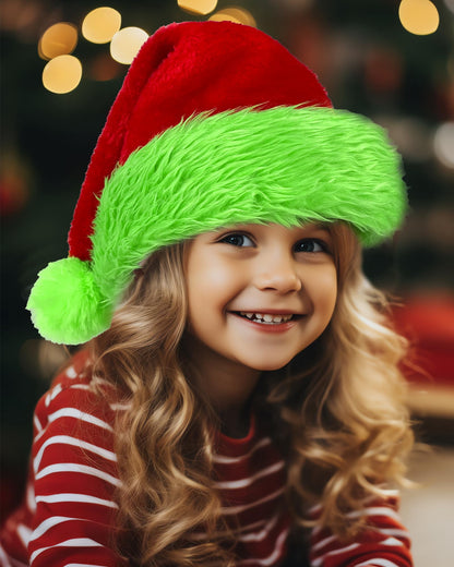 TETOU 1pc Christmas Hat,Red and Green Faux Fur Plush Velvet Santa Hat for Adults Men Women Christmas New Year Festive Party