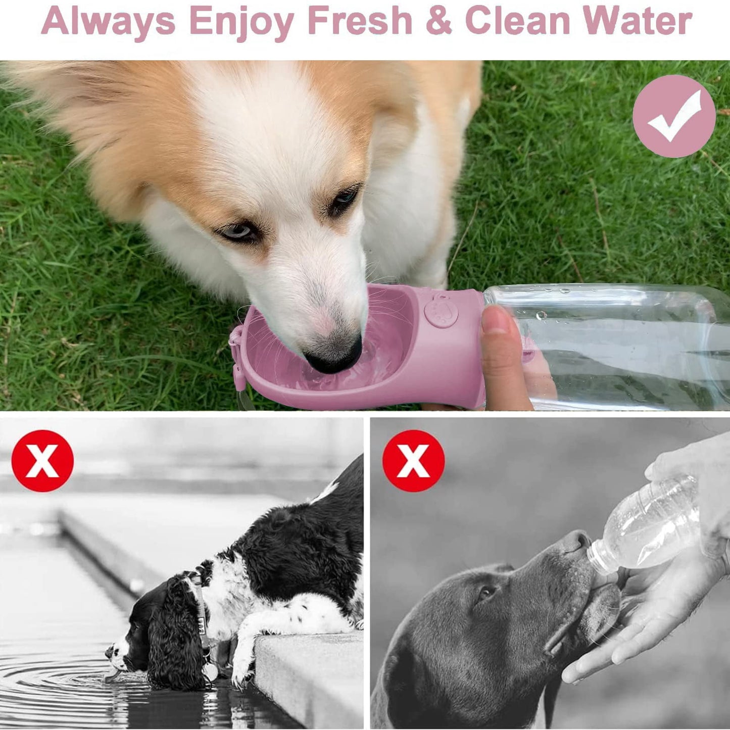 TETOU Dog Water Bottle with Food Container, 19oz Portable Pet Dispenser, Travel Puppy Water Bowl for Dog Cat Pet - Pink