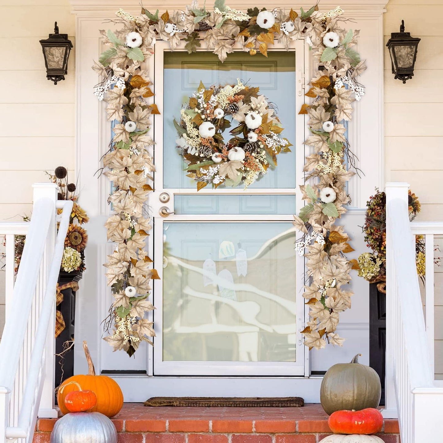 TETOU 6ft Autumn Maples Leaf Pumpkin Garland for Home Farmhouse Fireplace Fall Thanksgiving Decoration