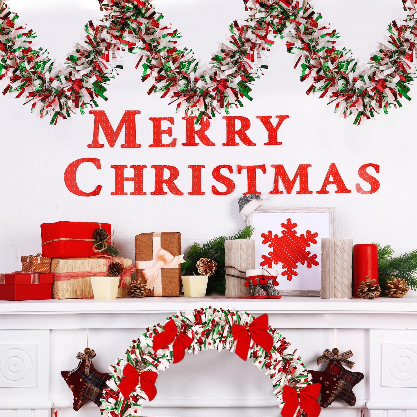 TETOU 32.8Ft Christmas Tinsel Garland Metallic Twist Red Green White Hanging Garland Wedding Birthday Decor
