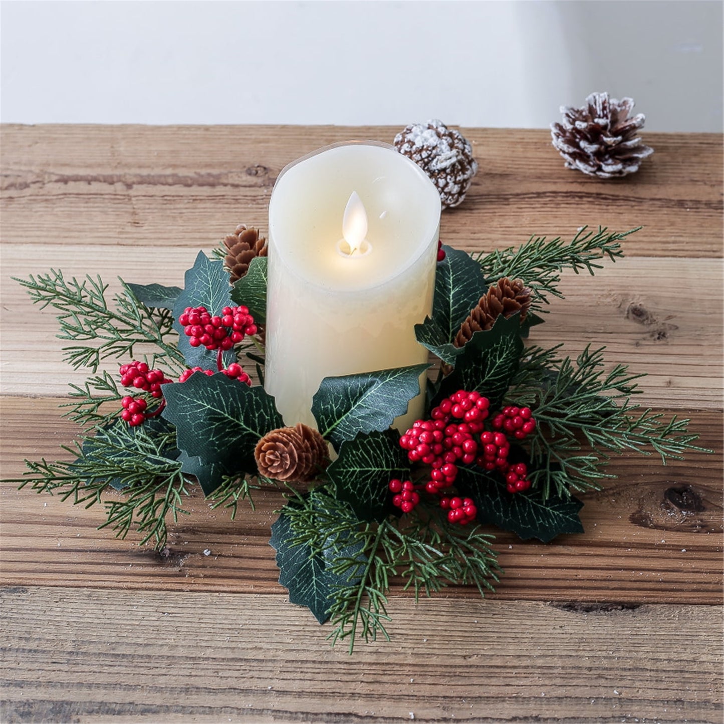 Tetou 2Pcs Christmas Candle Rings Wreath for Pillar Candle Holder, Artificial Christmas Wreath with Pinecones Red Berries for Fall Thanksgiving Home Table Centerpieces, Cabinet Decorations - Red