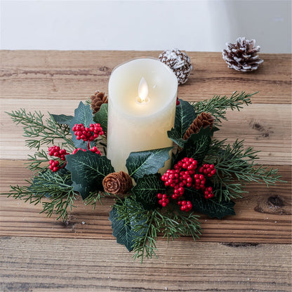 Tetou 2Pcs Christmas Candle Rings Wreath for Pillar Candle Holder, Artificial Christmas Wreath with Pinecones Red Berries for Fall Thanksgiving Home Table Centerpieces, Cabinet Decorations - Red