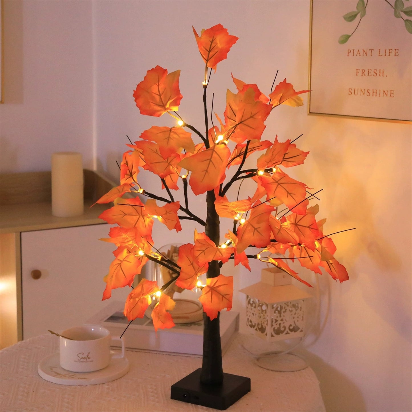 TETOU Artificial Fall Lighted Maple Tree,Battery Operated 24 LED Thanksgiving Fall Decorations Table Lights for Wedding Party Gifts Indoor Outdoor Autumn Harve'st Halloween Home Decor