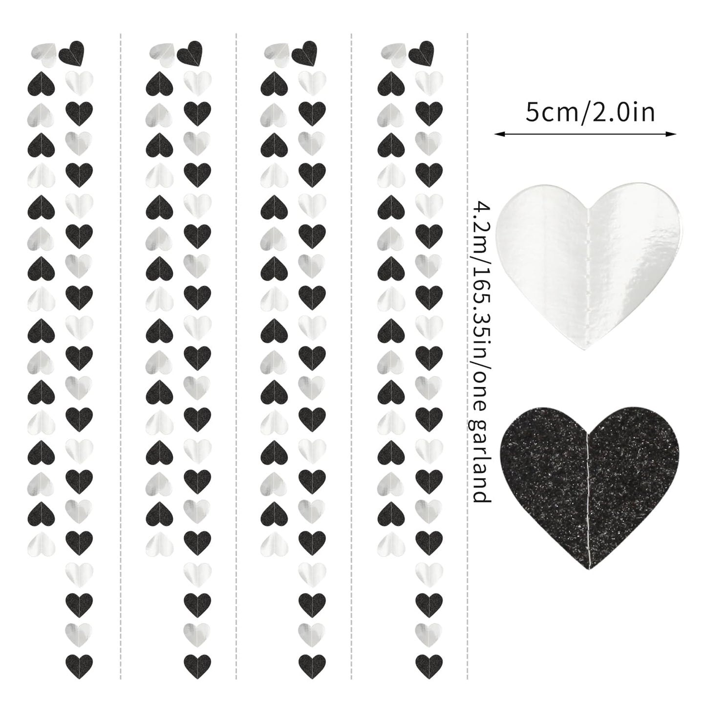 TETOU White-Black Champagne Party Decoration Heart Garland,52Ft Hanging Paper Backdrop Streamers for Birthday New Years Graduation Christmas Wedding Engagement Bachelorette Decoration