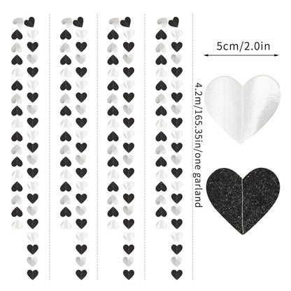 TETOU White-Black Champagne Party Decoration Heart Garland,52Ft Hanging Paper Backdrop Streamers for Birthday New Years Graduation Christmas Wedding Engagement Bachelorette Decoration