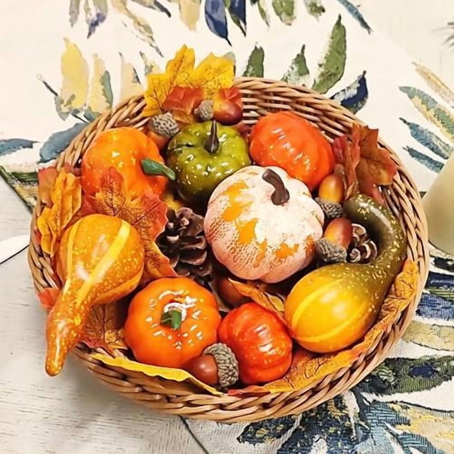 TETOU 50pcs Fall Pumpkins Decor Set,Mini Artificial Pumpkins Fall Leaves Cones Acorns Decorations for Halloween Thanksgiving Home Autumn  Harvest Farmhouse Table Decor
