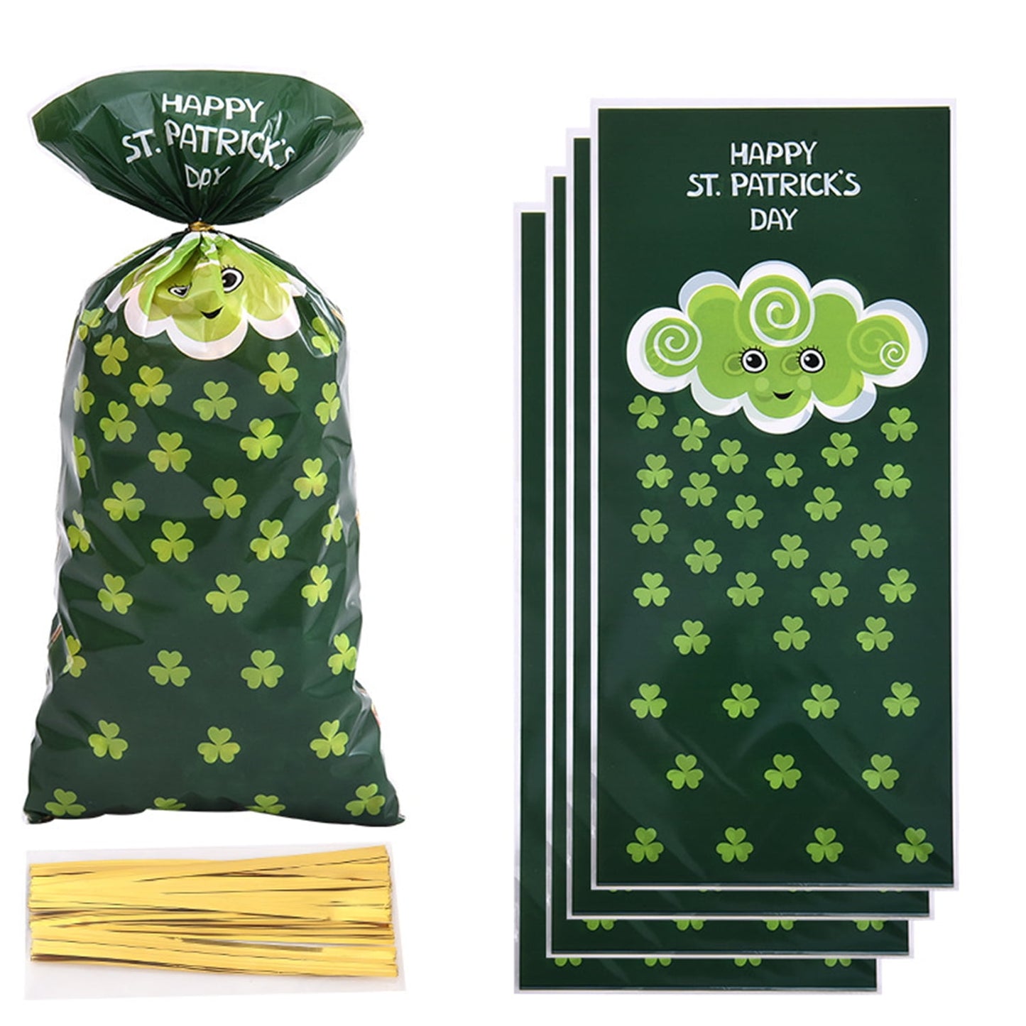 TETOU 50pcs St. Patrick Candy Treat Bags Cellophane Gift Snack Bag with Ties Party Favor Supplies