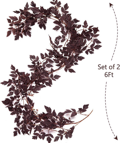 TETOU 2 Pcs Fall Garland for Mantle,6FT Plum Cimicifuga Seeded Fall Leaves Garland for Autumn Halloween Thanksgiving Harvest Home Fireplace Indoor Outdoor Decoration