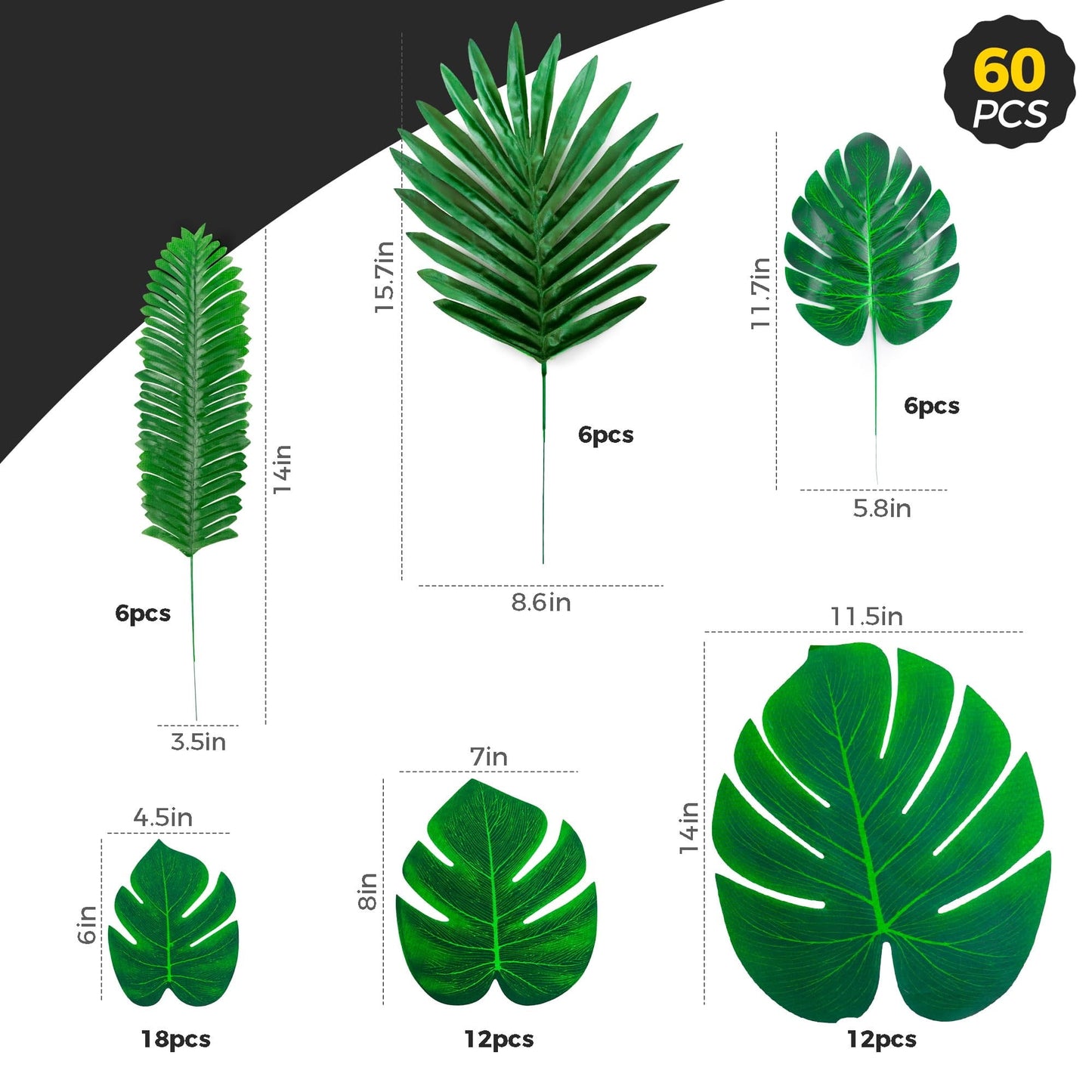 TETOU 60Pcs Palm Leaves Artificial Tropical Monstera, 6 Kinds Large Small Green Fake Palm Leaf with Stems for Home Kitchen Party Flowers Arrangement Wedding Hawaiian Party Table Decoration