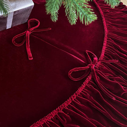 TETOU 36In Christmas Tree Skirt ,Burgundy Ruffled Velvet Xmas Tree Skirt with Felt Padding Nylon Backing and Lace-Up Tie Closure for ChristmasTree Party Gift Holiday Home Decor