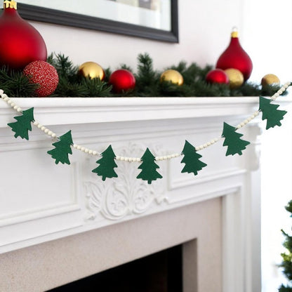 TETOU 4ft Christmas Tree Wooden Bead Garland,Cute Felt Xmas Tree Hanging Green White Bead Ornament String Festive Banner for Christmas New Year Party Home Mantel Wall Indoor Decoration
